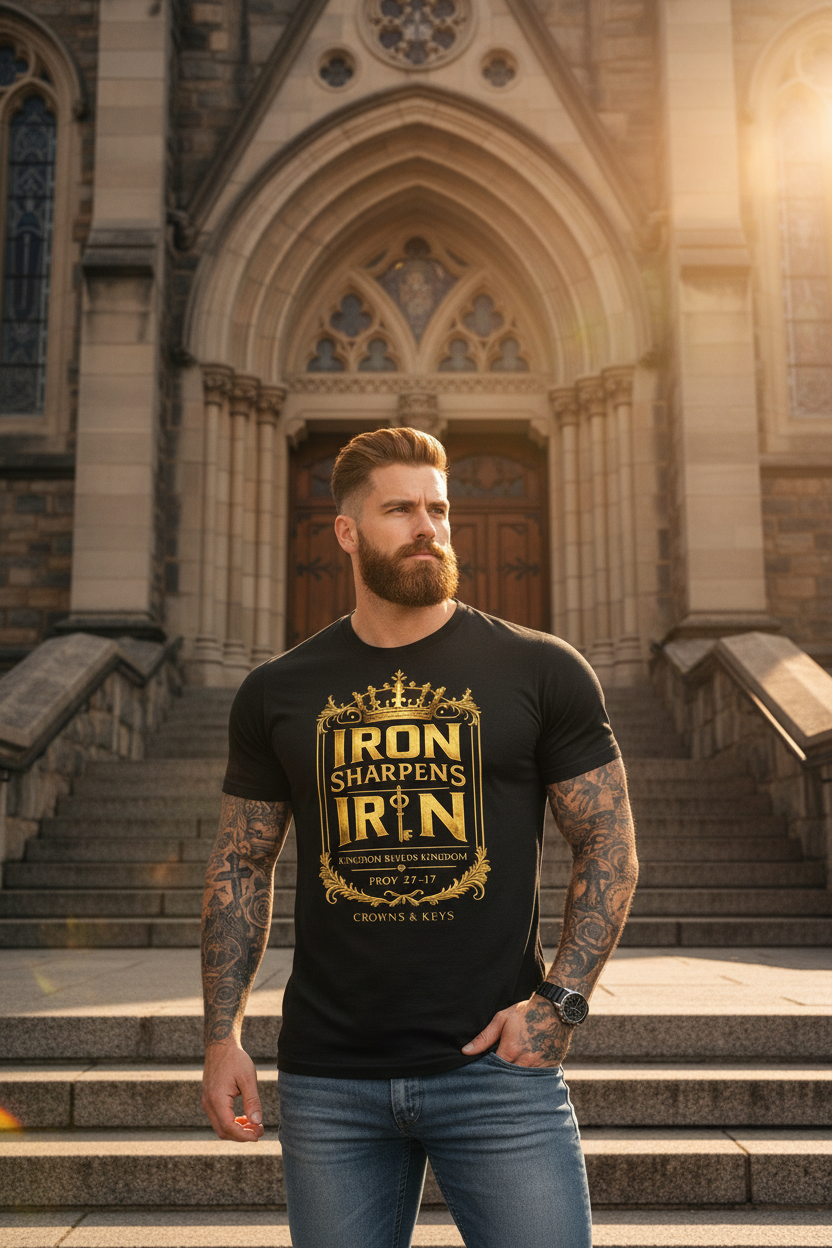 Iron Sharpens Iron tee - church lifestyle photo, golden hour light on church steps